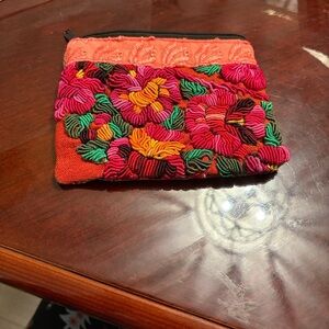 Embroidered Floral Zip Pouch - Coral Pink